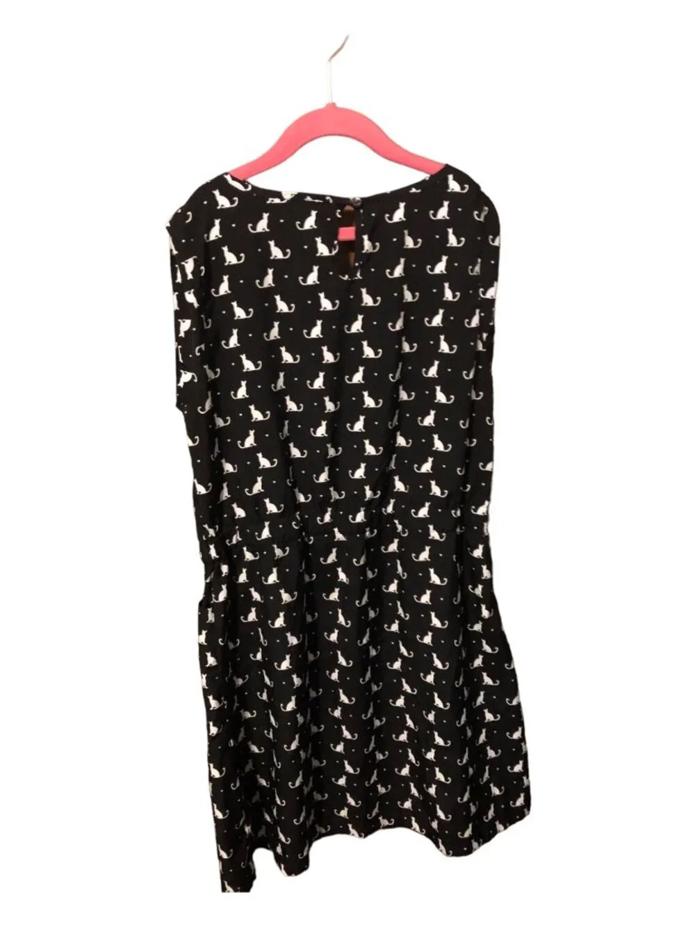 White Cat Print Black Short Sleeve Sun Dress Accent Bow Pockets Sz XL (14-6)